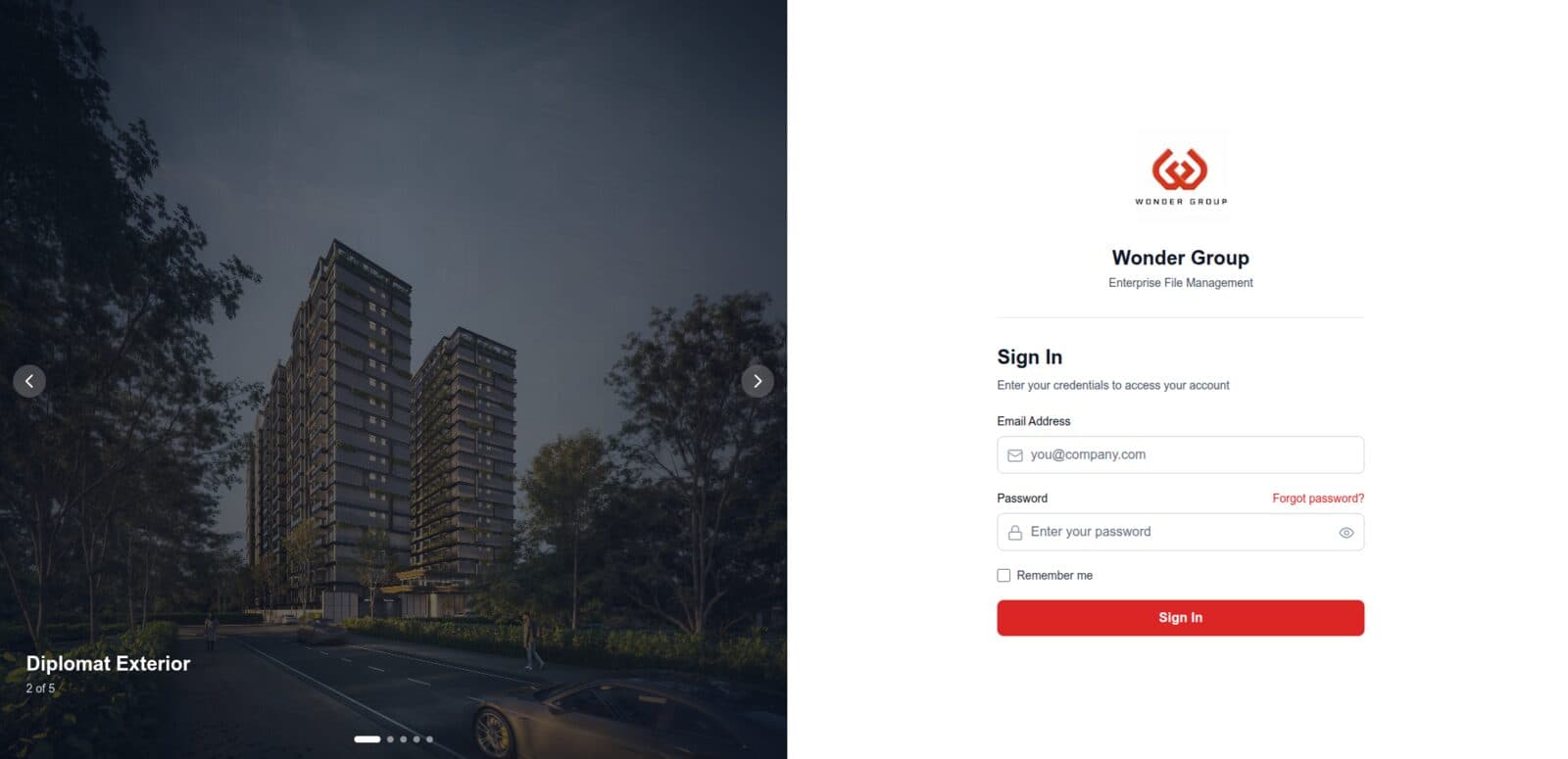 FileHub sign-in screen for Wonder Group enterprise file management